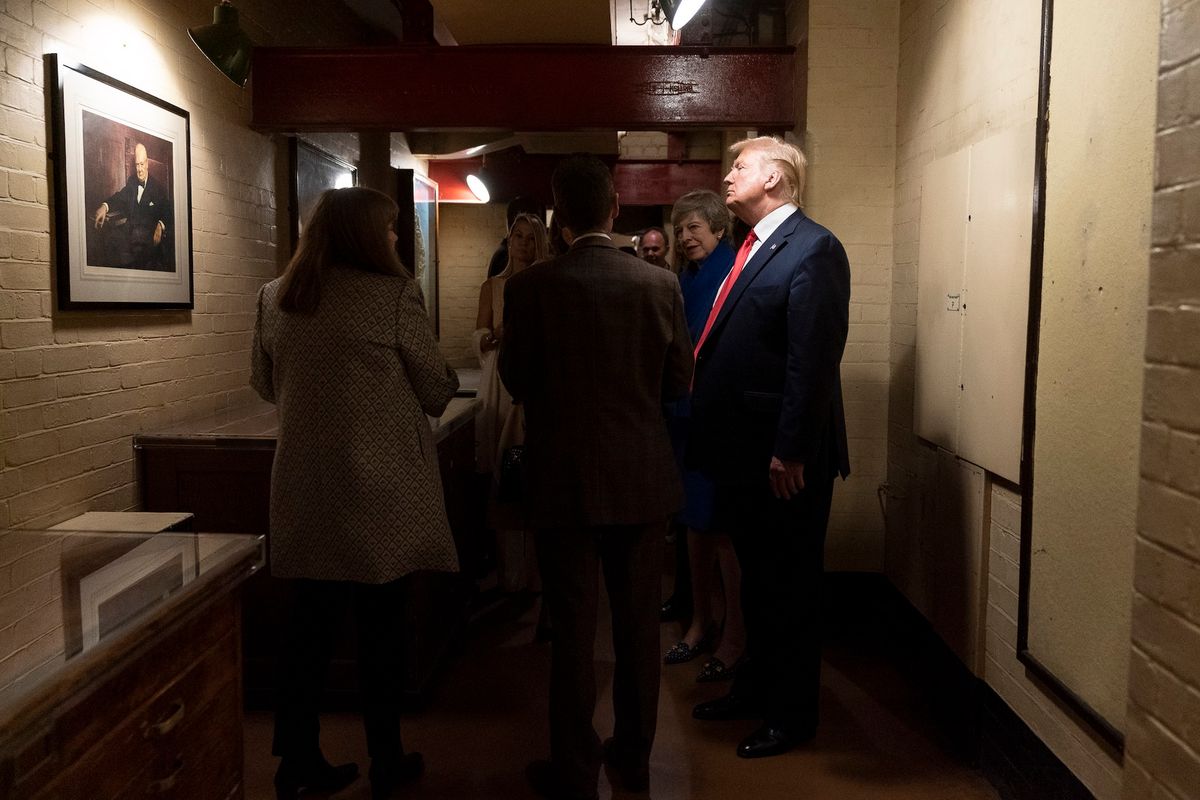 The US president, Donald Trump (at right), admires a portrait of Winston Churchill during a tour of the Churchill War Rooms in 2019 with then-British prime minister Theresa May Official White House Photo by Shealah Craighead, via Flickr