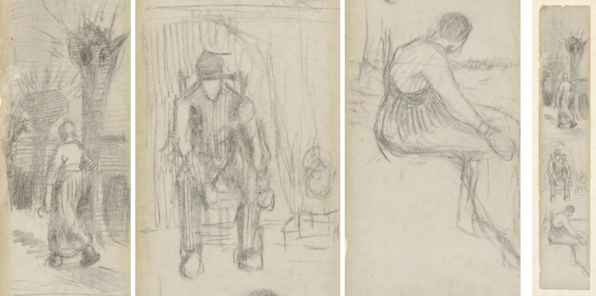 The left three images show close-ups of the newly discovered bookmark by Van Gogh, shown in full on the right Courtesy of the Van Gogh Museum, Amsterdam (bought with support from BankGiro Loterij)