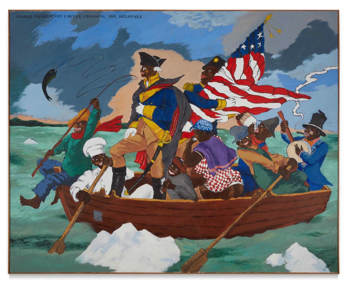 Robert Colescott, George Washington Carver Crossing the Delaware River: Page from an American History Textbook (1975) Courtesy, Sotheby's