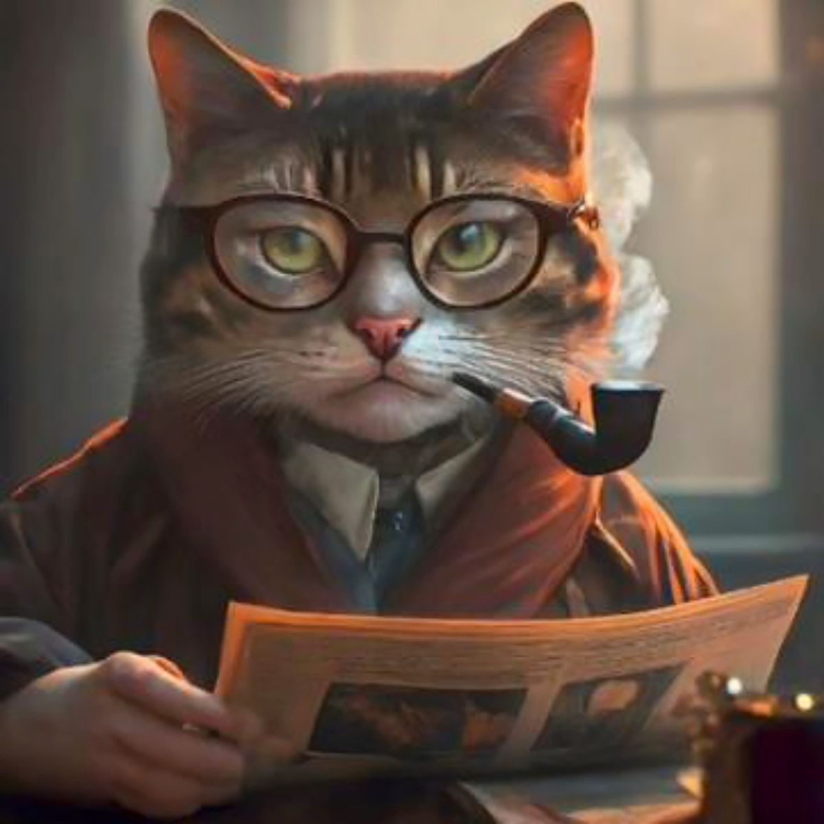 This image, generated by the US Copyright Office using Google's Gemini AI image generator—with the prompt "professional photo, bespectacled cat in a robe reading the Sunday newspaper and smoking a pipe, foggy, wet, stormy, 70mm, cinematic, highly detailed wood, cinematic lighting, intricate, sharp focus, medium shot, (centered image composition), (professionally color graded), ((bright soft diffused light)), volumetric fog, hdr 4k, 8k, realistic"—does not qualify for copyright protection Courtesy US Copyright Office