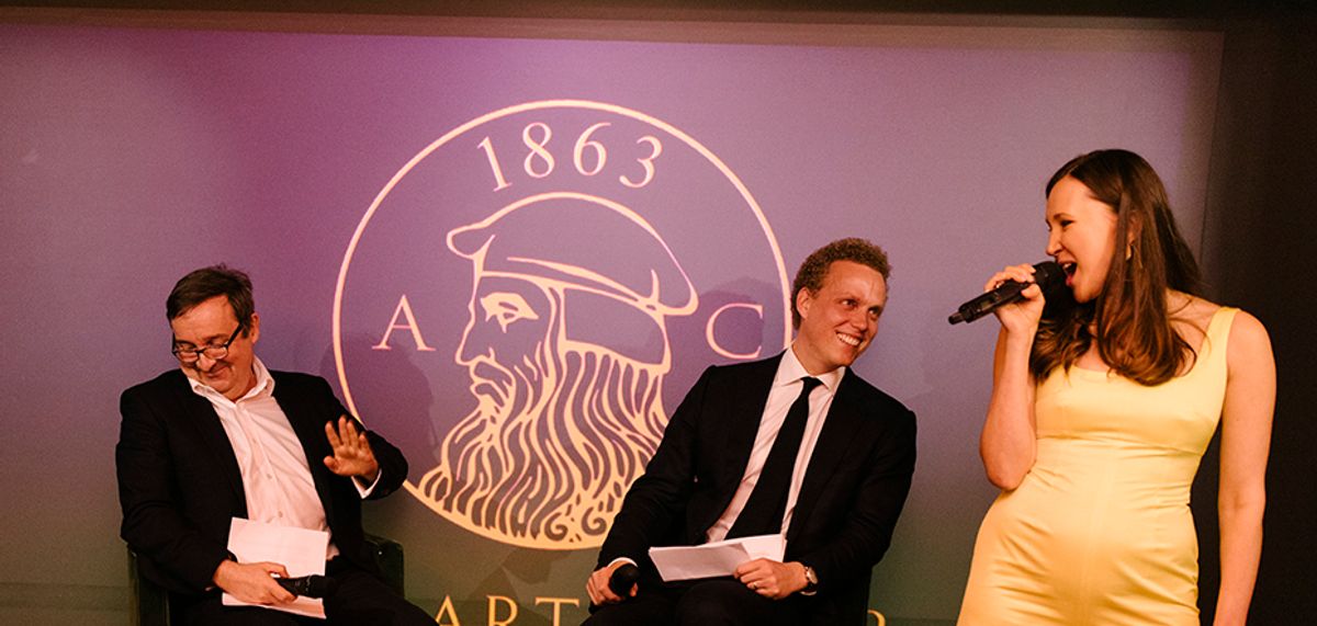 Gregor Muir, Alex Branczik and Maria Baibakova at The Arts Club Quiz 2019 © Photo: Luke Fullalove