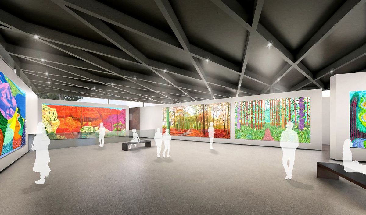 A rendering of the gallery space with works by David Hockney
