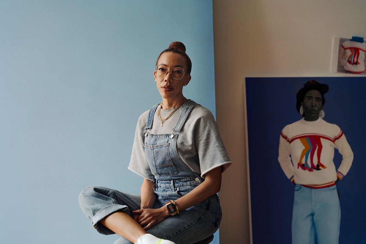 Amy Sherald shown alongside a work that will be included in her first European solo show at Hauser & Wirth London. Photo: Adam Kremer. Courtesy of Hauser & Wirth