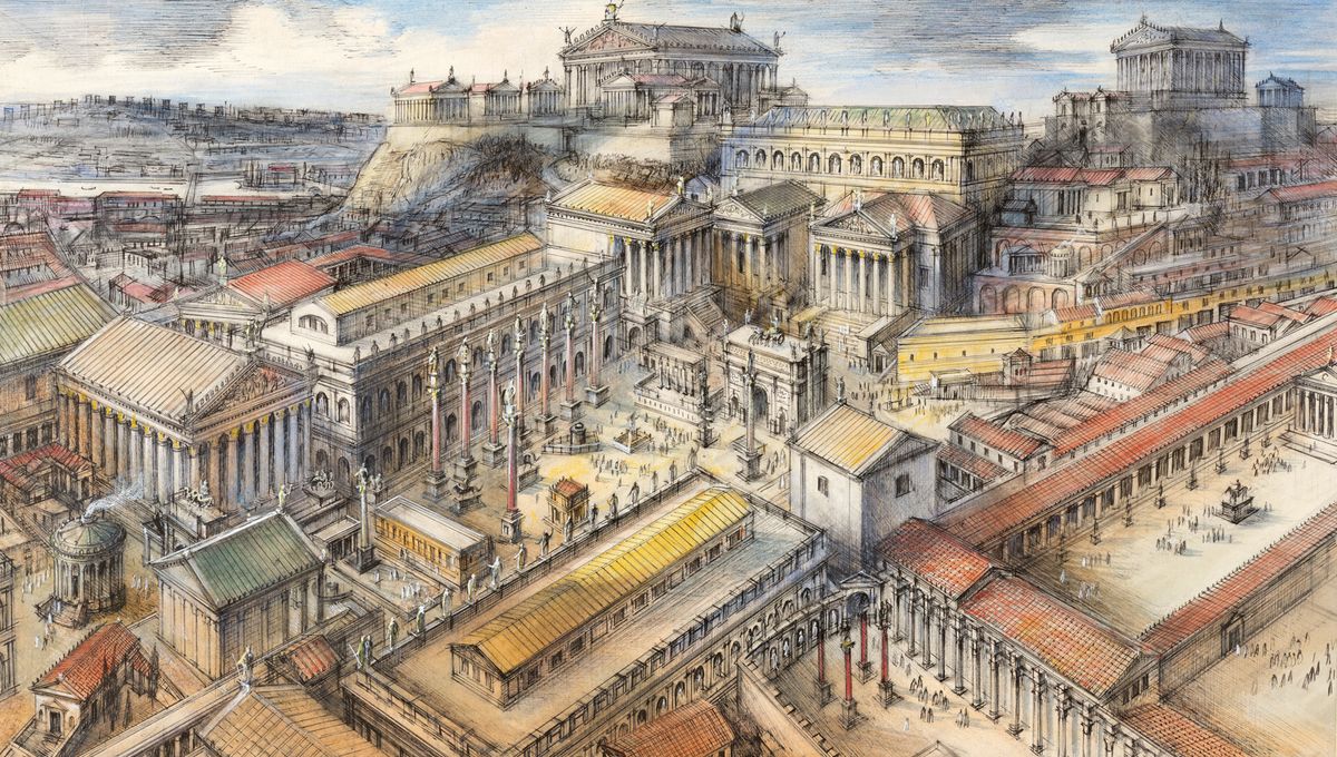 Alan Sorrell’s reconstruction of the Roman Forum in the fourth century, looking towards the Temple of Jupiter © Ashmolean Museum, University of Oxford