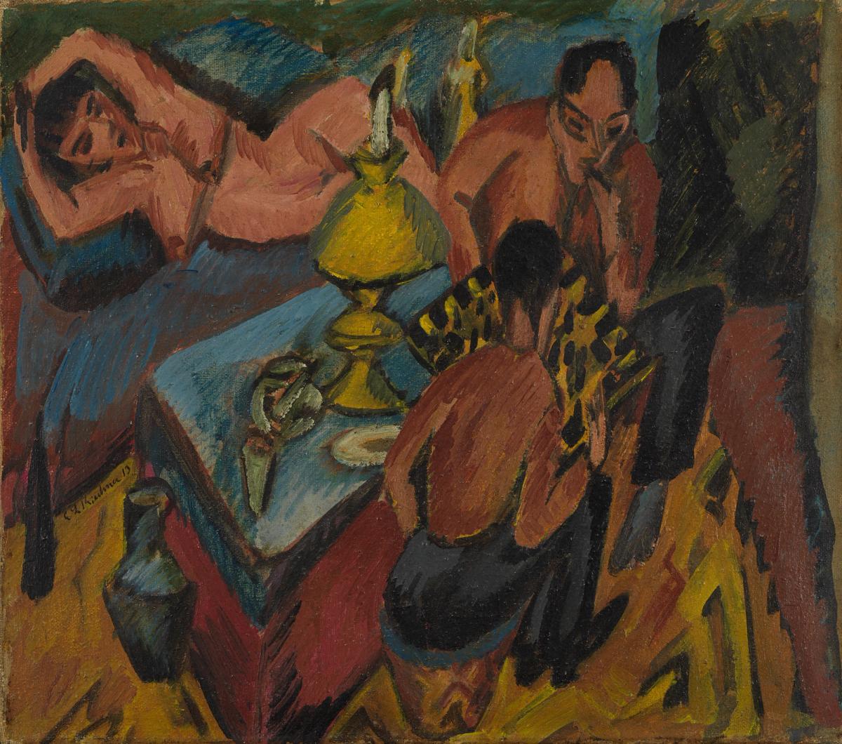 Ernst Ludwig Kirchner, Erich Heckel und Otto Mueller beim Schach (1913) © Brücke-Museum, Photo: Nick Ash. In honorable memory of the former owner, the art historian, gallery owner and collector Victor Wallerstein (1878–1944)