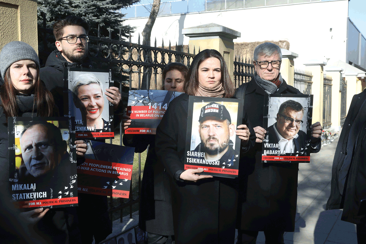 Demonstrators hold photos of jailed Belarusian opposition figures and activists, including Viktar Babaryka (far right), at a protest outside the country’s embassy in theLithuanian capital, Vilnius, earlier this year
Photo: Petras Malukas/AFP via Getty Images