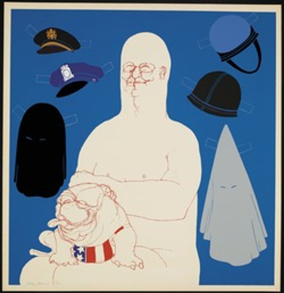 May Stevens’s screenprint Big Daddy with Hats (1971) (© May Stevens, Courtesy the artist and Mary Ryan Gallery, New York)