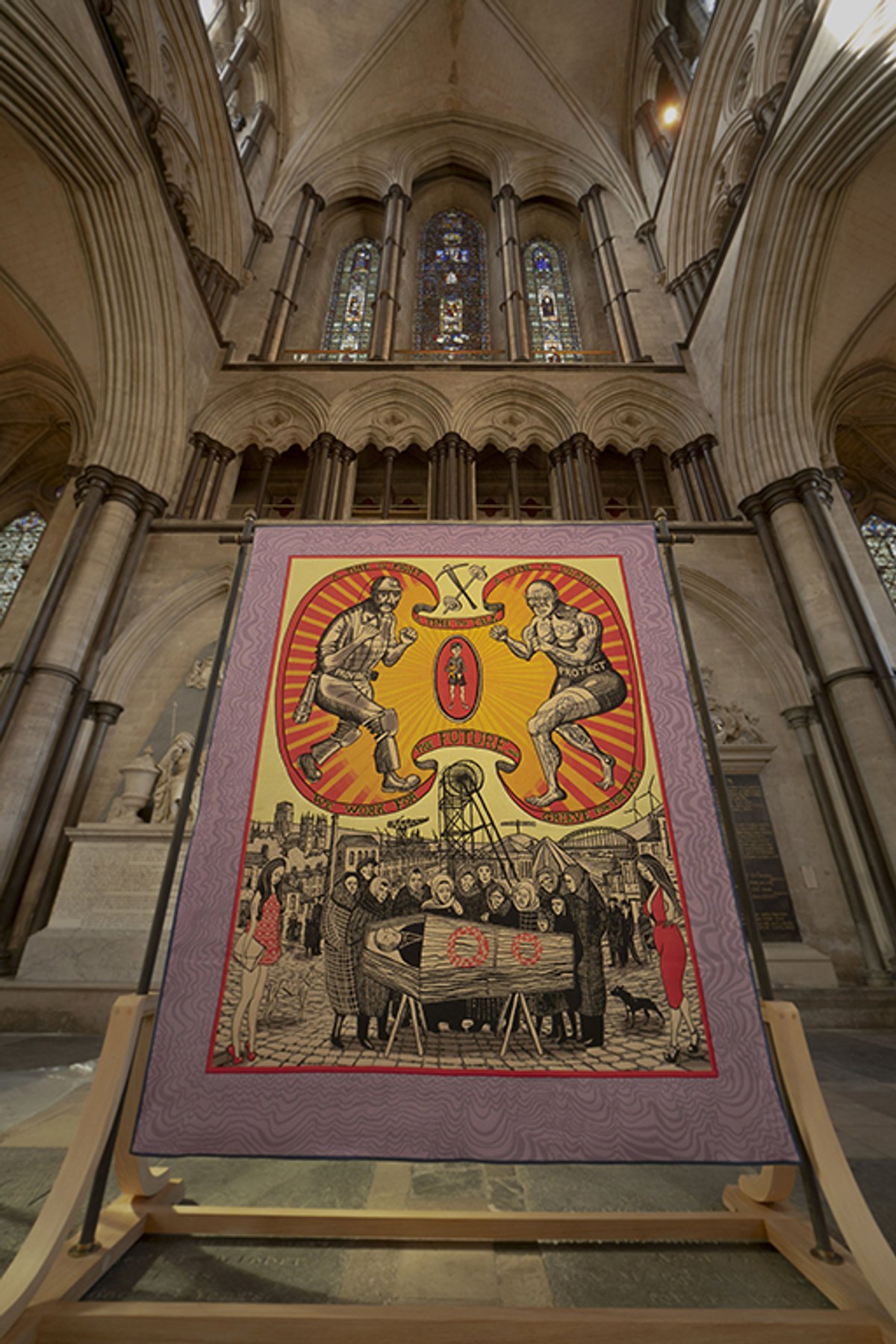 Grayson Perry's Death of a Working Hero, installed in Salisbury Cathedral Ash Mills