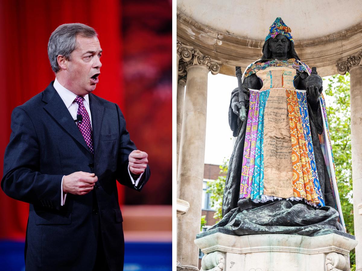 Nigel Farage (left) blasted Liverpool's art project dressing public statues in items that addressed the UK's slavery history Farage: Michael Vadon. Queen Victoria: photo: David Edwards, courtesy of Sky Arts and Culture Liverpool