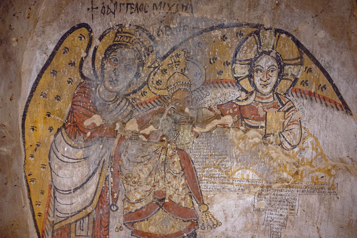 The scene of a king kissing Christ’s hand and embraced by archangel Gabriel, a scene never before found in Christian iconography © Adrian Chlebowski, courtesy PCMA UW