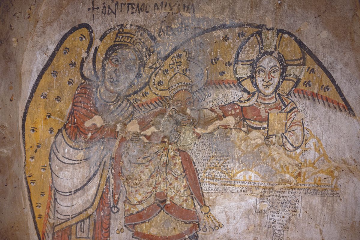 The scene of a king kissing Christ’s hand and embraced by archangel Gabriel, a scene never before found in Christian iconography © Adrian Chlebowski, courtesy PCMA UW