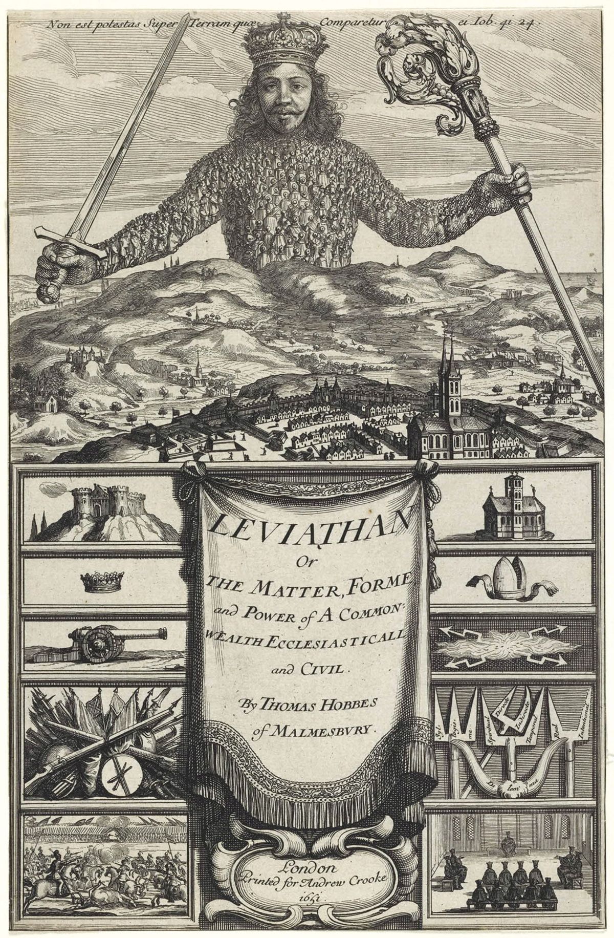 The title-page of Hobbe’s Leviathan (London: Andrew Cooke, 1651). The various symbols serve as an aide-memoir to Hobbes’s ideas about the nature of civil and ecclesiastical authority British Museum; Art of Power © Verlagsgruppe Random House GmbH, Muenchen