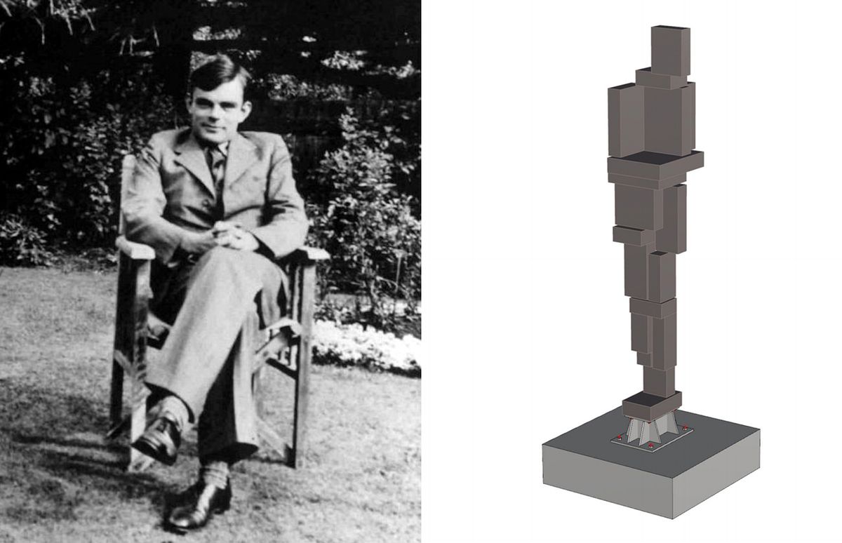 Left: Alan Turing in 1930. Right: Antony Gormley's proposed sculpture to commemorate Turing Sculpture rendering: courtesy of the Antony Gormley Studio/Cambridge City Council