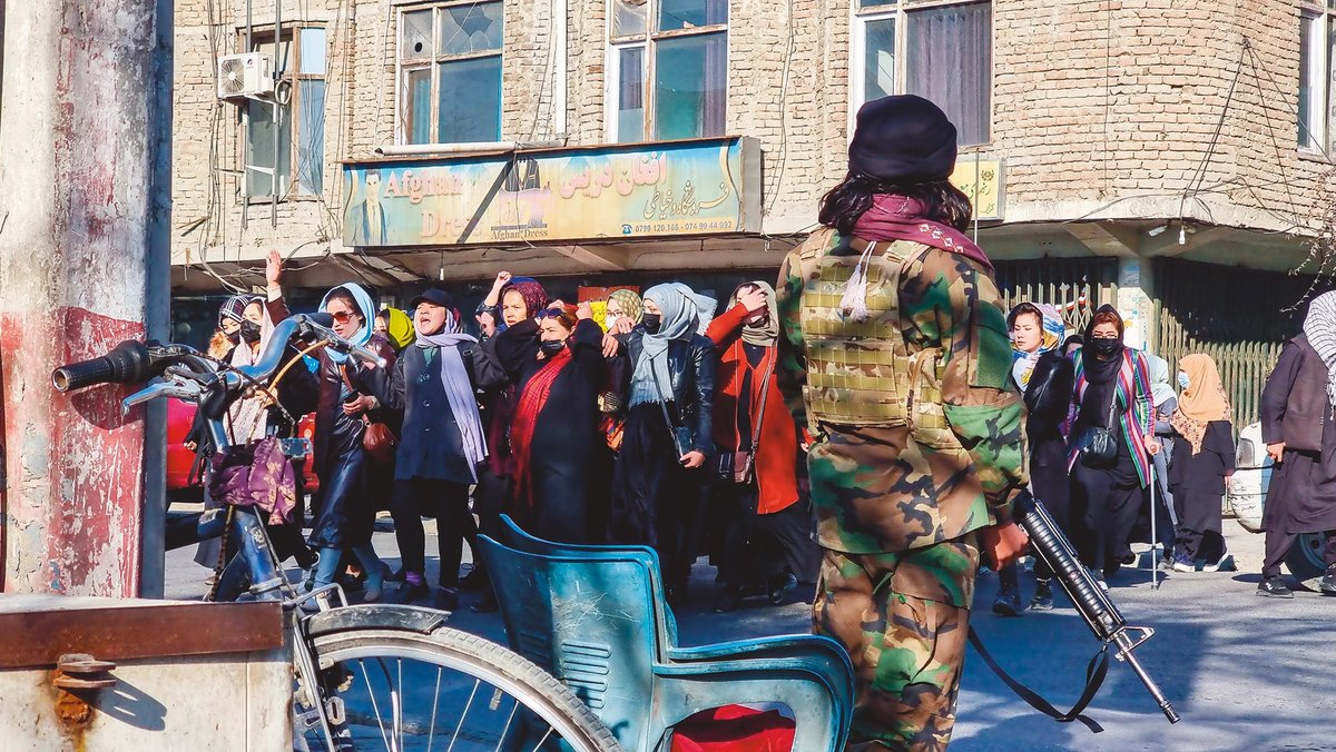A protest against the Taliban’s ban on women accessing university education in December 2022; restrictions have also caused many artists to leave Afghanistan Photo: Getty Images