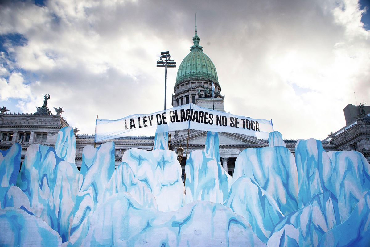 In April demonstrators gathered outside Argentina’s parliament as lawmakers debated changes to the glacier law, which will enable mining in glacial regions © Silvana Safenreiter/ZUMA Press Wire/Alamy Stock Photo