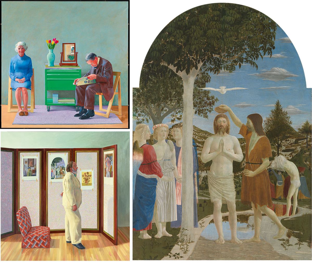 Clockwise from right: Piero della Francesca, The Baptism of Christ (around 1437-45) and two 1977 paintings by David Hockney which feature the Piero: Looking at Pictures on a Screen and My Parents. All three paintings feature in the free exhibition Hockney and Piero: A Longer Look, which runs at the National Gallery until 27 October. Piero: © The National Gallery, London. My Parents: © David Hockney. Photo: Tate, London. Pictures on a Screen: © David Hockney