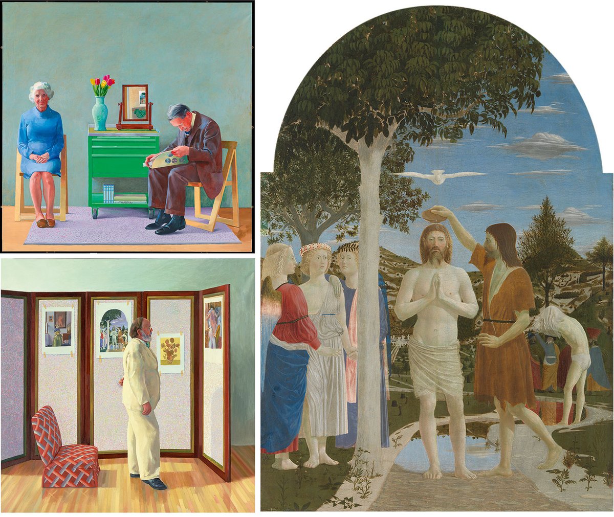 Clockwise from right: Piero della Francesca, The Baptism of Christ (around 1437-45) and two 1977 paintings by David Hockney which feature the Piero: Looking at Pictures on a Screen and My Parents. All three paintings feature in the free exhibition Hockney and Piero: A Longer Look, which runs at the National Gallery until 27 October. Piero: © The National Gallery, London. My Parents: © David Hockney. Photo: Tate, London. Pictures on a Screen: © David Hockney