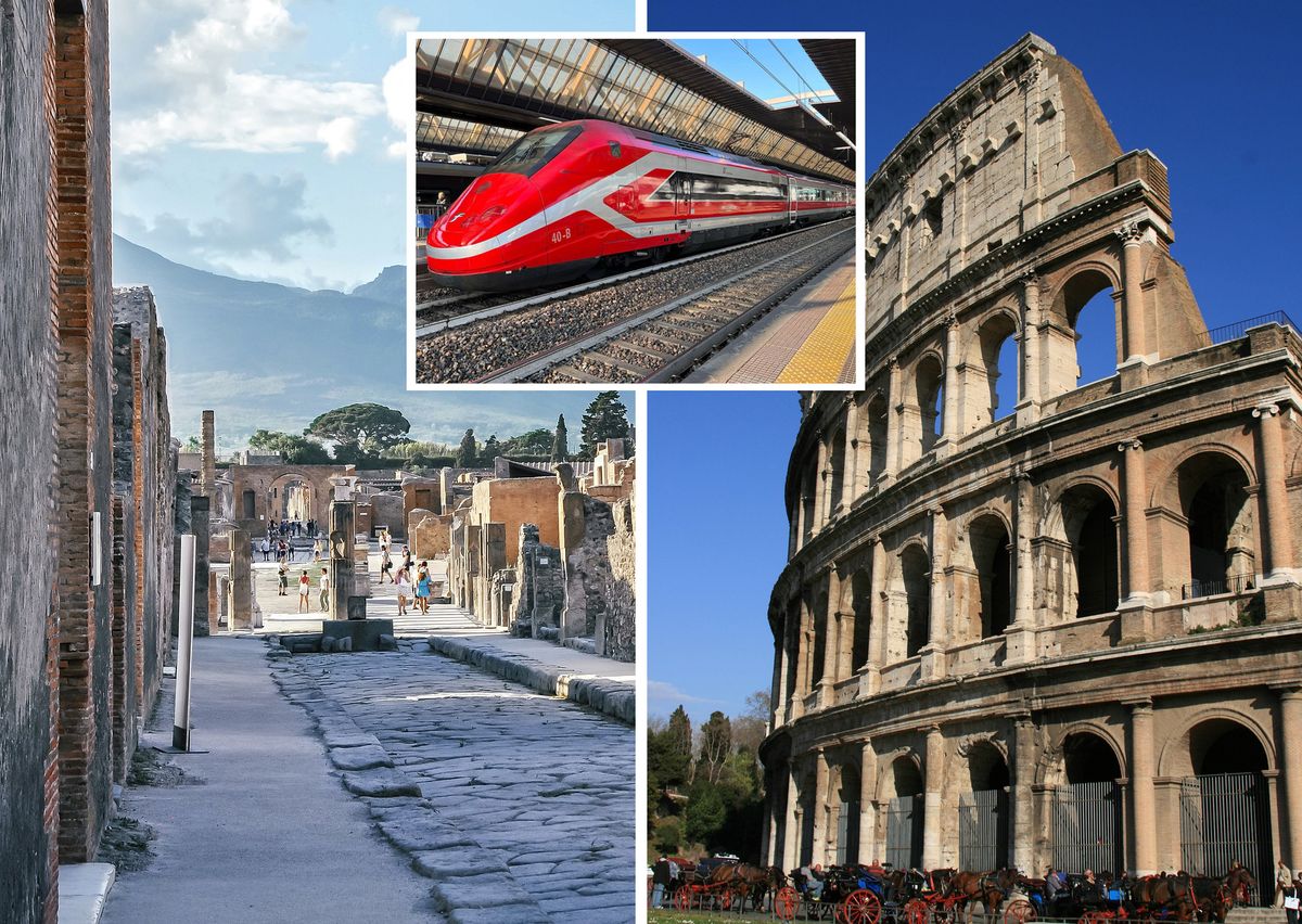 A high-speed train link between Pompeii (left) and Rome (right) is expected to open early next year Pompeii photo: Marta/Pixabay; Rome photo: Matthias Lemm/Pixabay; train photo: Litio Seaborgio/Wiki