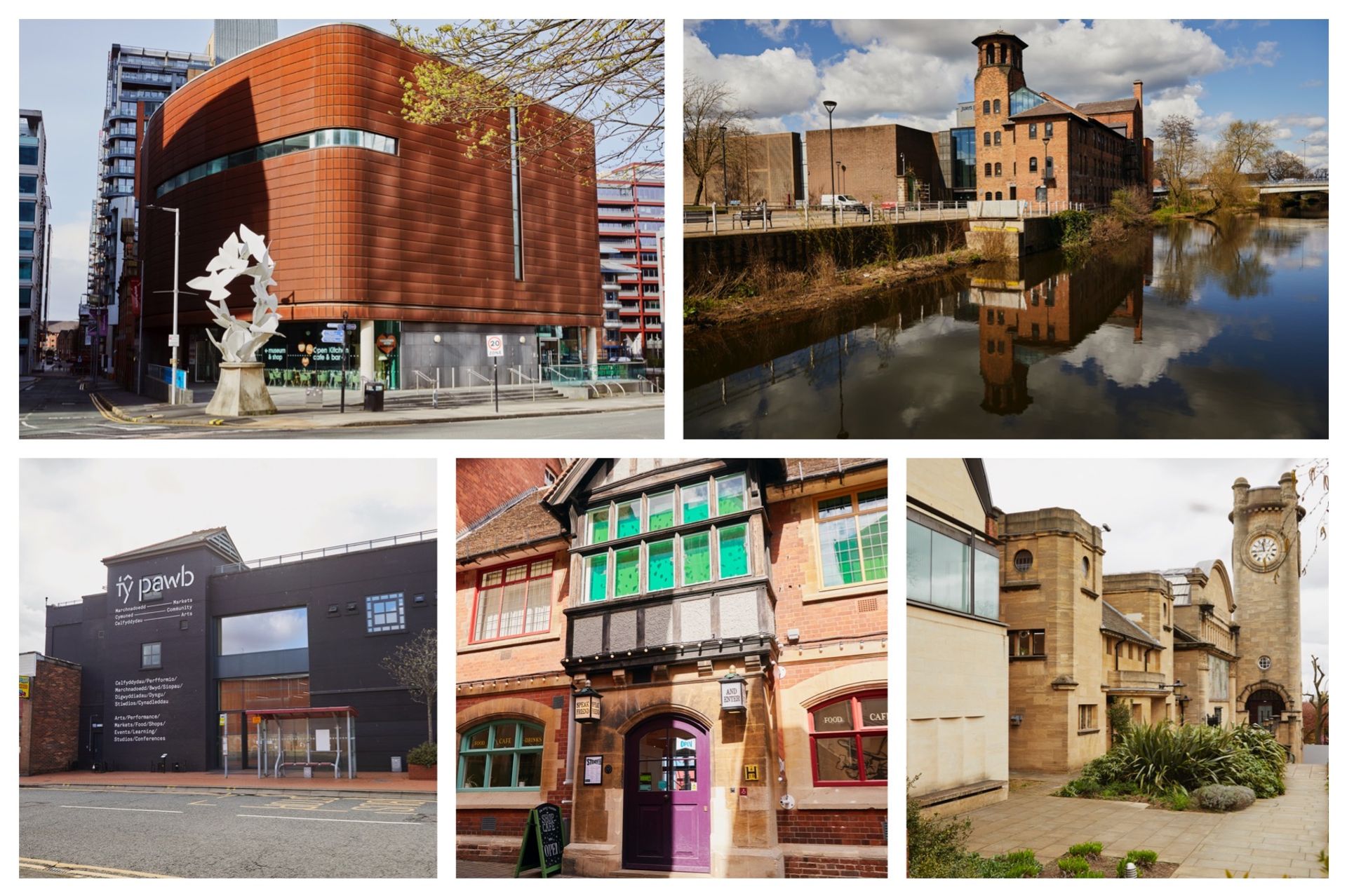 The Museum of the Year finalists 2022 (clockwise from top left): the People's History Museum, Manchester; the Museum of Making at Derby Silk Mill; Tŷ Pawb, Wrexham; the Story Museum, Oxford; and the Horniman Museum and Gardens, London Photos: © Emli Bendixen/ Art Fund
