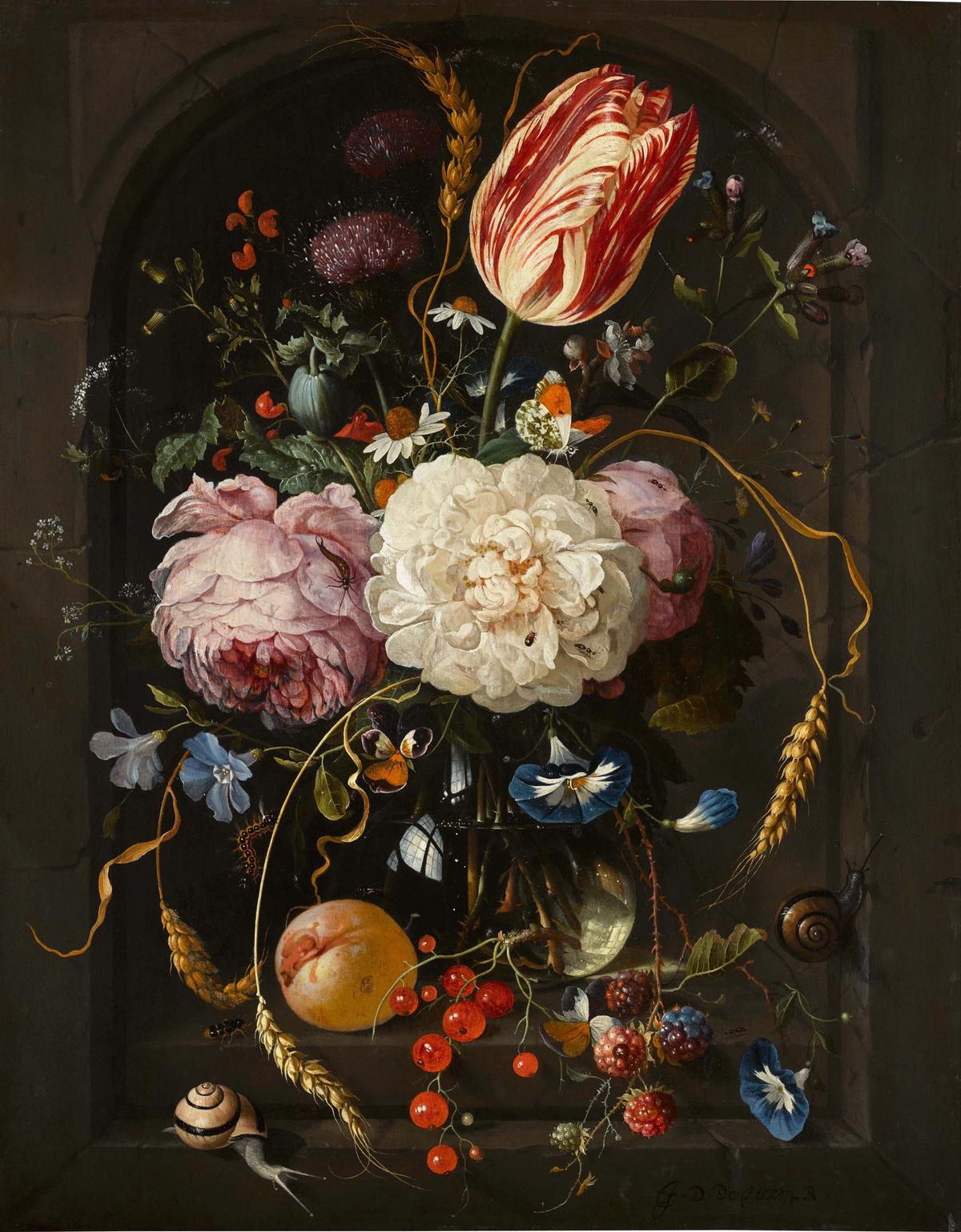 Jan Davidszoon de Heem, Still life of flowers in a glass vase in a stone niche (1660)
Courtesy of Sotheby’s