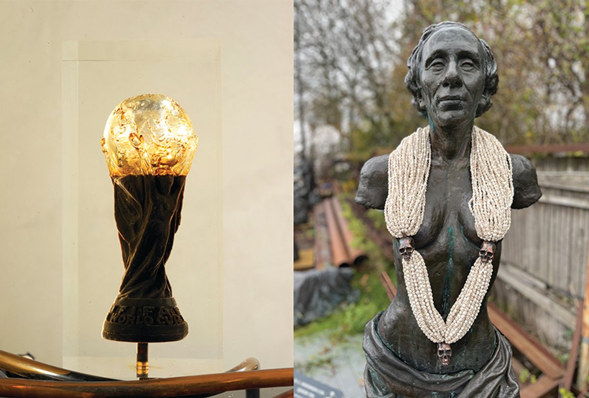 Left to right: Andrei Molodkin's "The FIFA World Cup filled with Qatar crude oil" (2022) and Jens Galschiøt's "skull necklace" (2022)
Courtesy of the artists