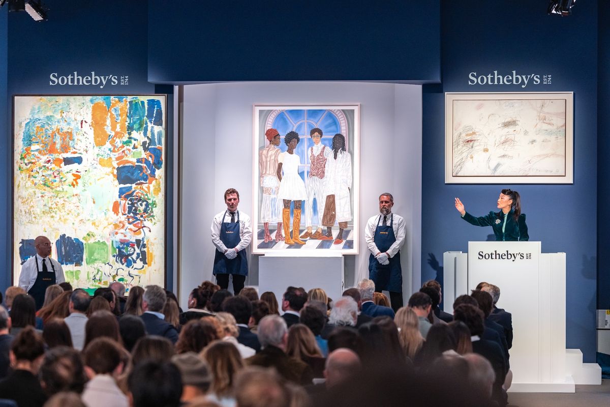 Auctioneer Phyllis Kao fields bids during The Now evening auction at Sotheby's on 13 May 2024 Courtesy Sotheby's