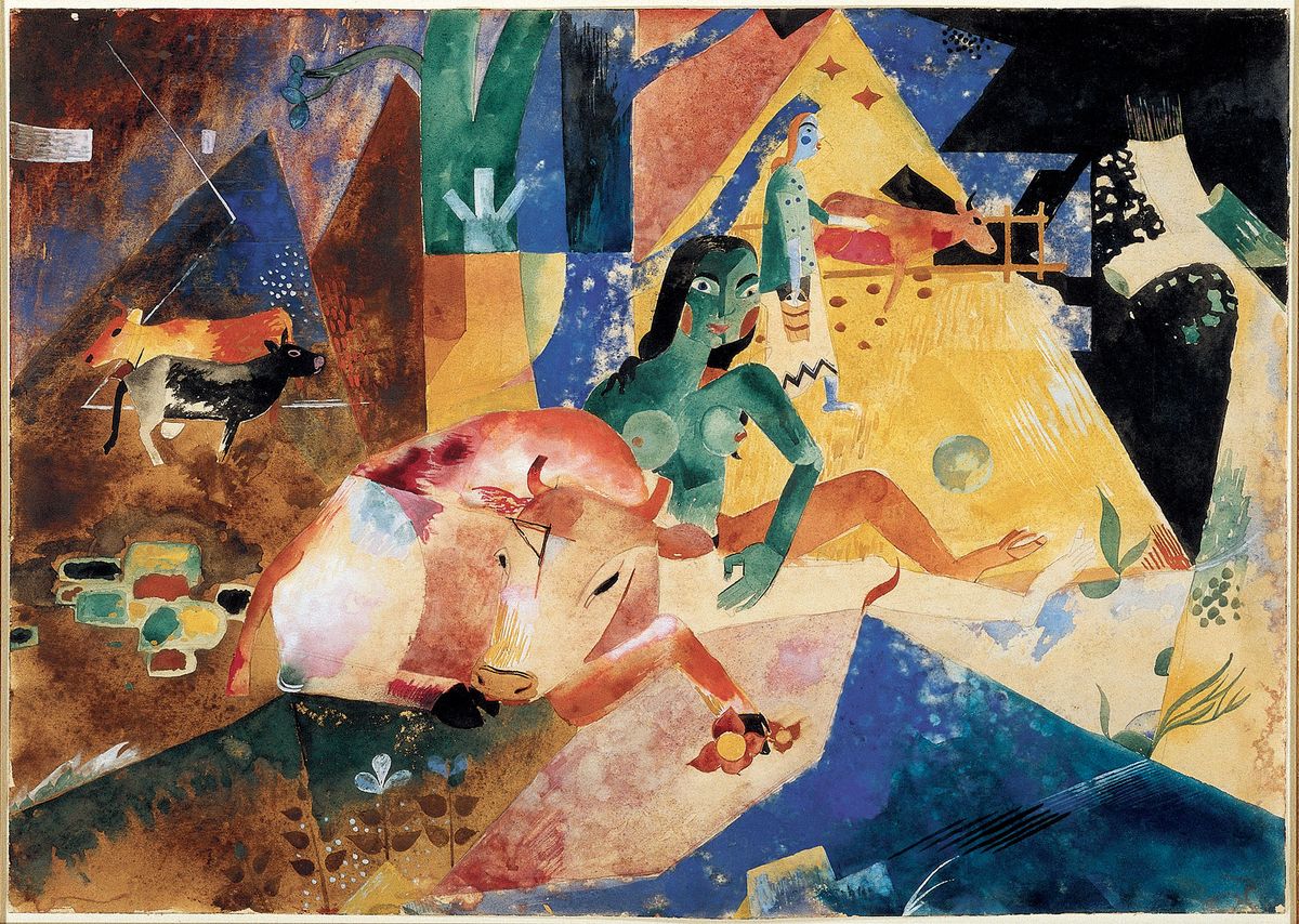 Heinrich Campendonk’s Girl with Cows (around 1919); during this period, the artist’s works demonstrated the clear influence of Marc Chagall’s painting style © VG Bild-Kunst; DACS, London, 2023