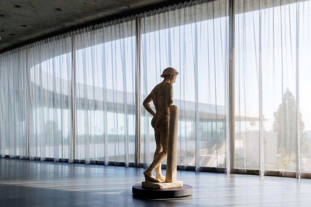 View southeast from exhibition level with The Bateman Mercury (2nd-century copy after a Greek original of the 4th century BC), David Geffen Galleries at Lacma photo © Iwan Baan