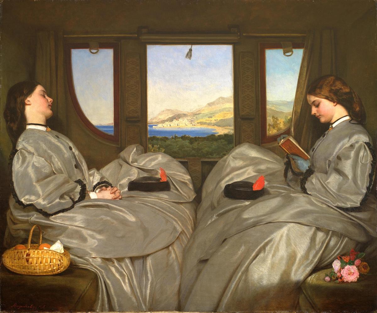 This portrait of “two young women in voluminous dresses” in The Travelling Companions (1862), by the Victorian London artist Augustus Leopold Egg, shows the inspiration of journeying by train in a way that air travel simply cannot
© Birmingham Museums Trust