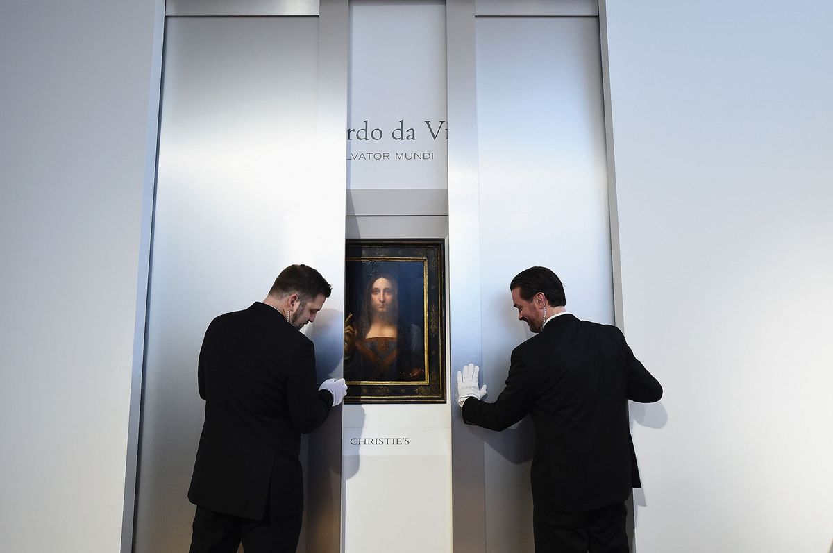 Leonardo’s Salvator Mundi was sold to an anonymous bidder for $450m at Christie’s New York on 15 November 2017 and has been lost to public view ever since Photo: Ilya S. Savenok/Getty Images for Christie’s Auction House