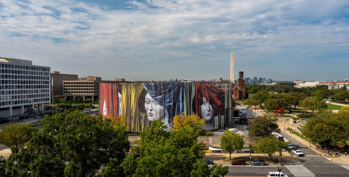Nicolas Party, Draw the Curtain (2021), a façade intervention commissioned by the Hirshhorn Museum and Sculpture Garden, 2021. Courtesy of the artist. Photo by Ron Blunt.