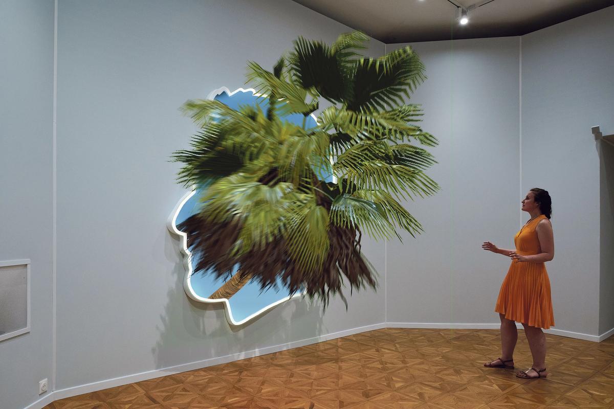 Alex Israel’s Self-Portrait (Palm) (2019) at the Bass . Visitors can experience the artist’s works through the Snapchat app on their phones Photo: Benoit Florencon; courtesy of The Bass Museum