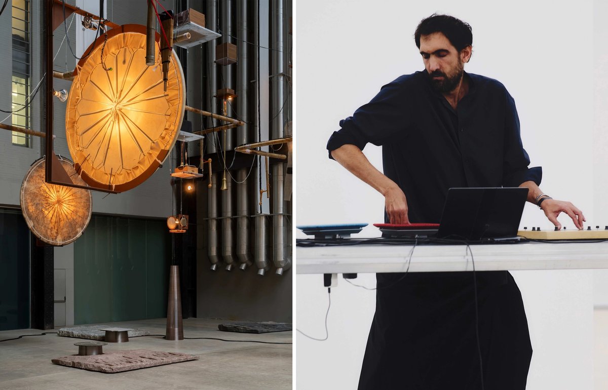 Left: An installation view of Hyundai Commission: Tarek Atoui: Hold. Right: Atoui performing at an Issey Miyake show at Centre Pompidou, Paris, in 2025. The artist has collaborated with the fashion brand on textiles for the Turbine Hall work
Installation view: Photo: Tate (Yili Liu). Atoui performing: Photo: Luna Conte