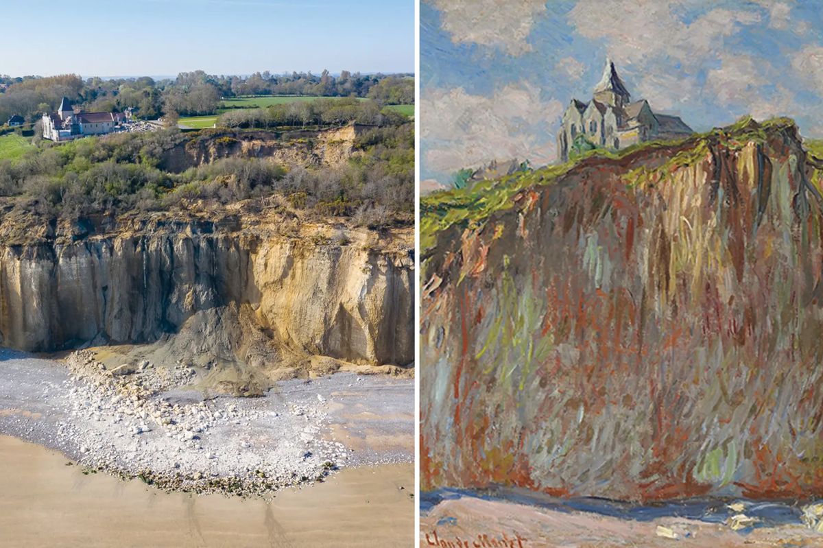 The St-Valery church (left), which was captured by Monet in a series of works including L’Église de Varengeville, effet matinal (1882, right), is at risk of falling into the sea Photo: Church: © Philippe Picherit, PhP; Monet: Private collection