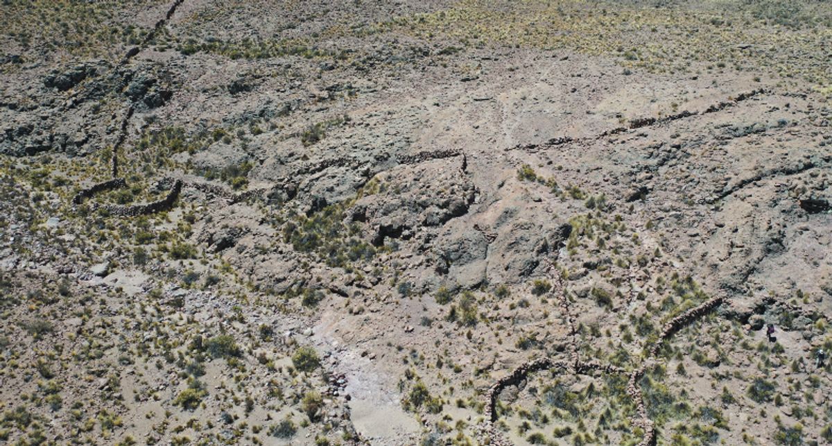 Aerial photograph of two chacu hunting traps in the Andean highlands of northern Chile Photo: Adrián Oyaneder