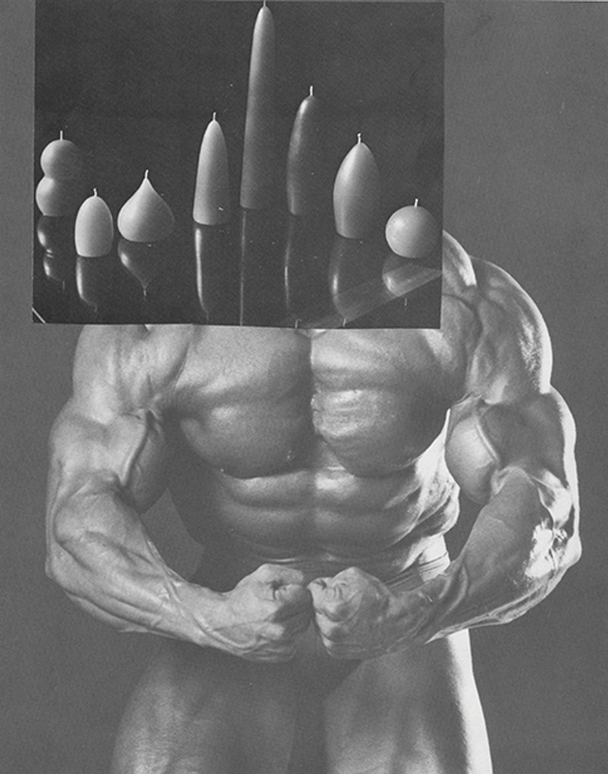 Ruby’s Physicalism/The Recombine 2 (2006) is from a six-part series of  collages of photographs of posing bodybuilders juxtaposed with candles Courtesy of Sterling Ruby Studio