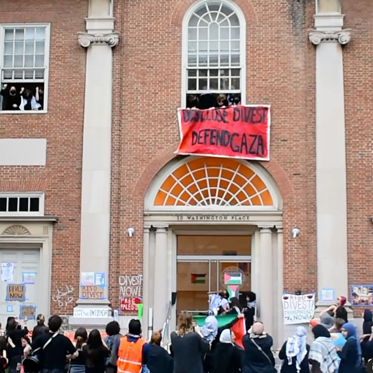 Memebers of RISD Students for Justice in Palestine and their supporters rally outside 20 Washington Place, a Rhode Island School of Design building currently occupied by protesters RISD Students for Justice in Palestine, via Instagram