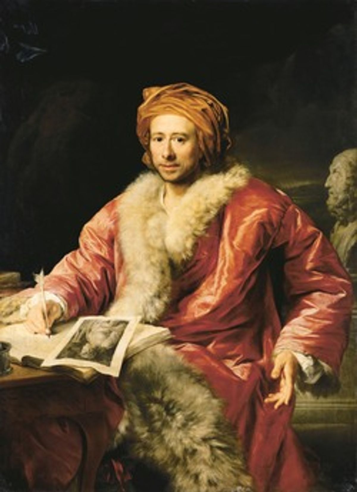 Anton von Maron’s portrait of Johann Winckelmann in luxurious undress (1768). An engraving of Antinous, a favourite of the Roman Emperor Hadrian, is before him.