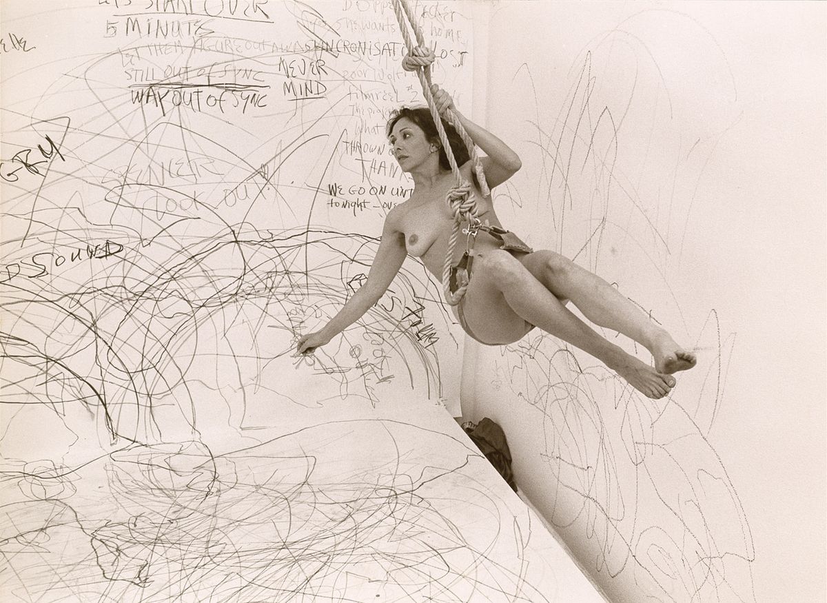 Carolee Schneemann’s 1976 performance of Up to and Including Her Limits, at Studiogalerie, Berlin. A current show at the Barbican presents Schneemann as a radical artist who turned her body into a political tool Photo: Henrik Gaard;Carolee Schneemann Papers, Getty Research Institute, Los Angeles (950001); © Carolee Schneemann Foundation/ARS, New York and DACS, London 2022