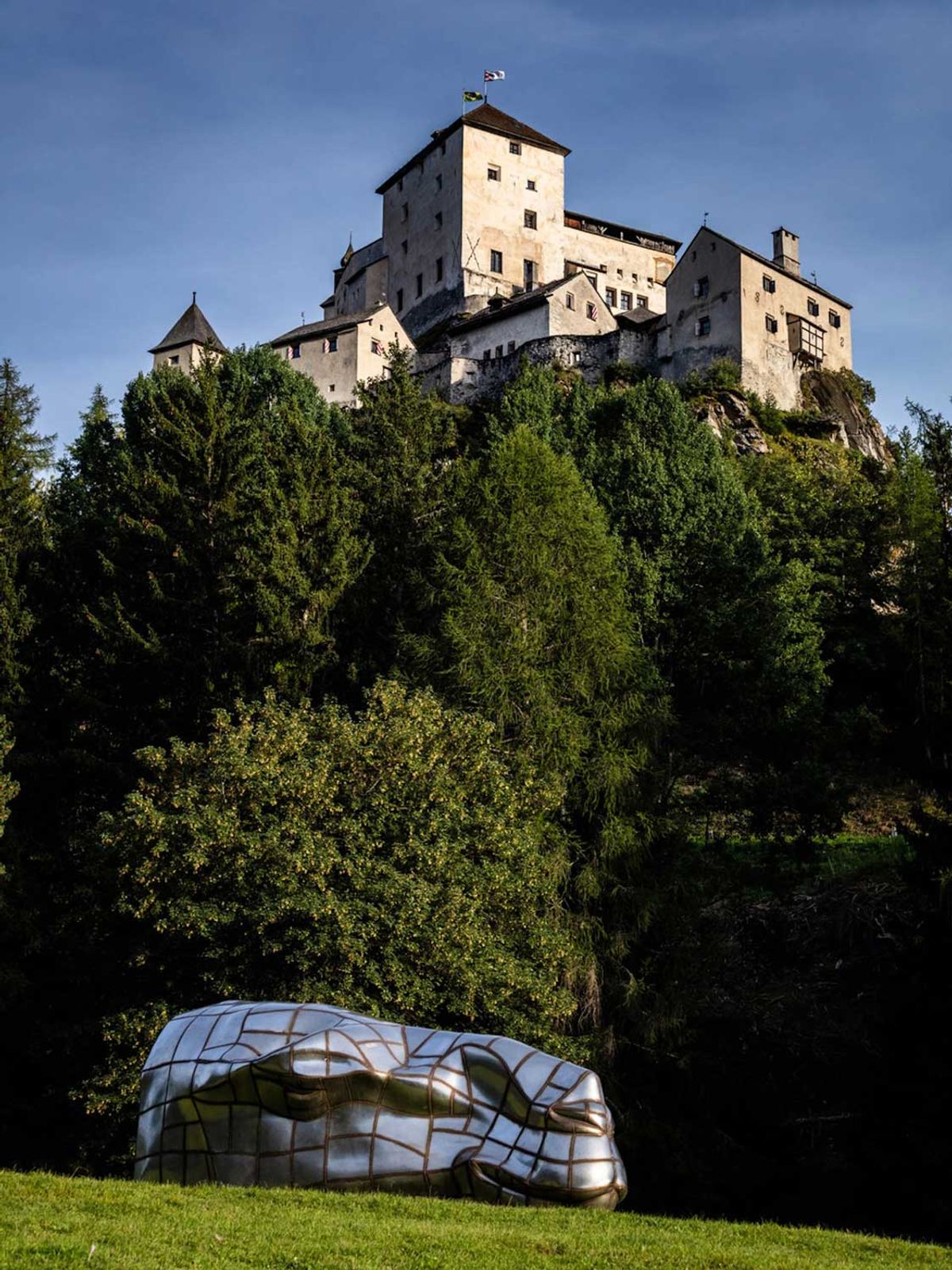 Schloss Tarasp, in Switzerland's Lower Engadin region, which the artist Not Vital bought in 2016; with his Camel (2018) in the foreground Photo: Eric Powell