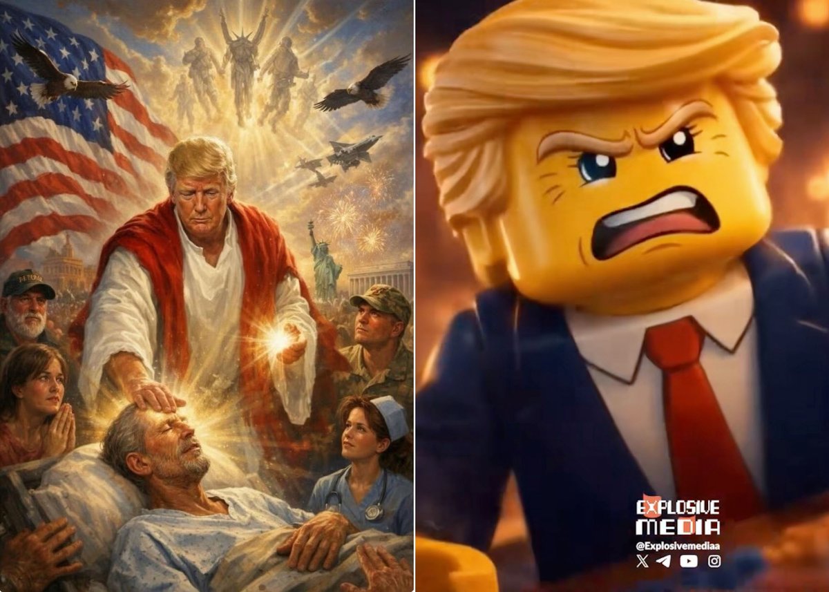 Left: an AI-generated image posted by US president Donald Trump on Truth Social on 12 April 2026. Right: still from an AI-generated animation posted by Explosive Media on 20 April 2026. Left: @realDonaldTrump/Truth Social. Right: Explosive Media/TikTok