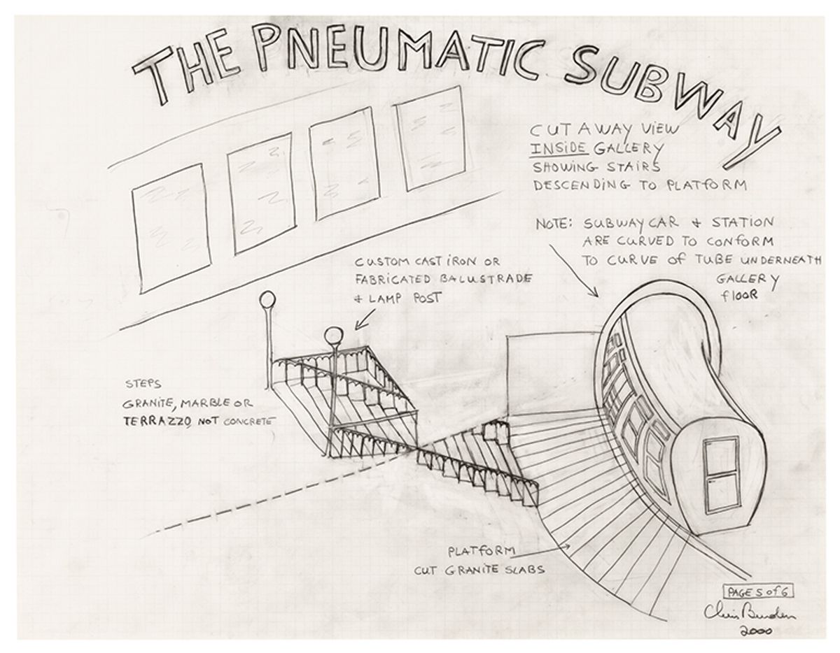 Chris Burden’s drawing for The Pneumatic Subway, one of three major concepts proposed for Gagosian in New York, 2000. The work involved digging beneath the gallery Photo: Brian Forrest. All works © 2022 Chris Burden/Licensed by the Chris Burden Estate and Artists Rights Society (ARS), New York