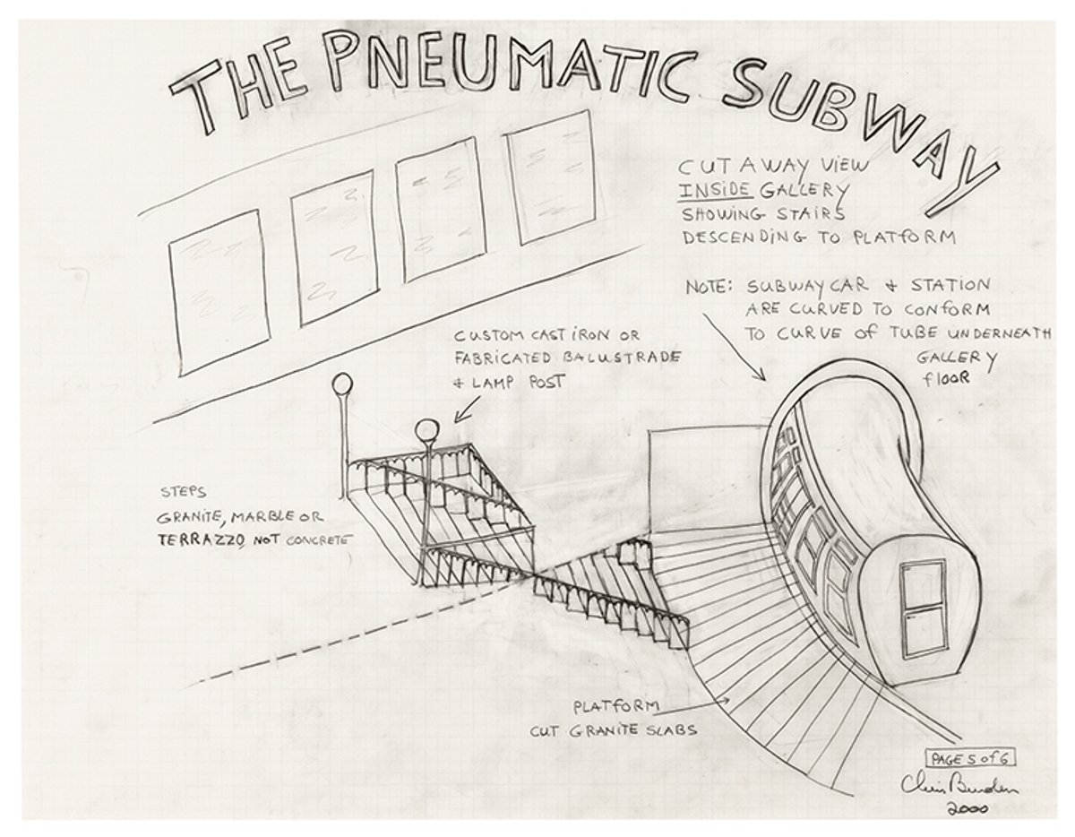 Chris Burden’s drawing for The Pneumatic Subway, one of three major concepts proposed for Gagosian in New York, 2000. The work involved digging beneath the gallery Photo: Brian Forrest. All works © 2022 Chris Burden/Licensed by the Chris Burden Estate and Artists Rights Society (ARS), New York