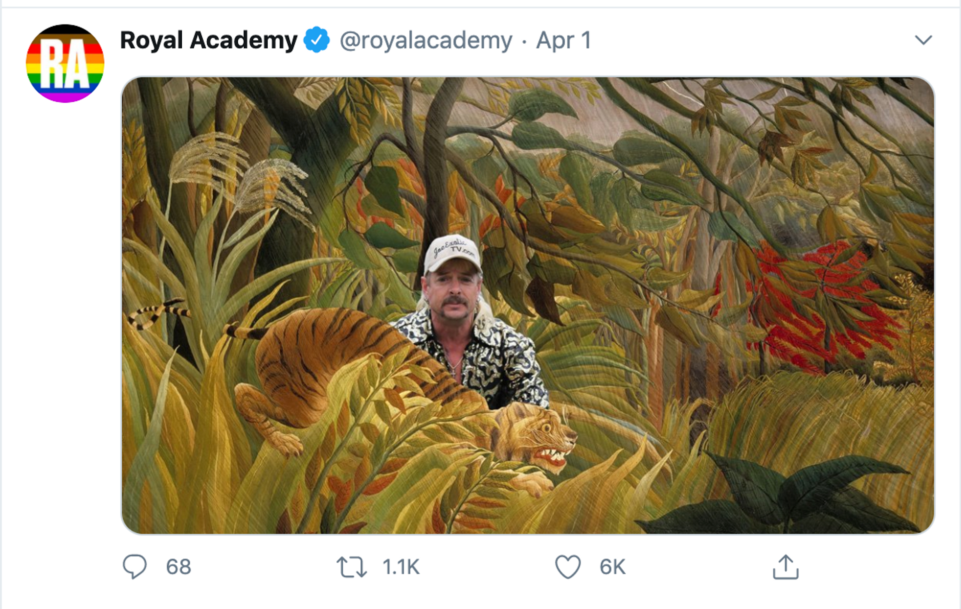 A screenshot of the Royal Academy's tweet where they sent out a meme of the zookeeper Joe Exotic—from the popular Netflix show Tiger King—photoshopped into Henri Rousseau's painting Tiger in a Tropical Storm (1891) 