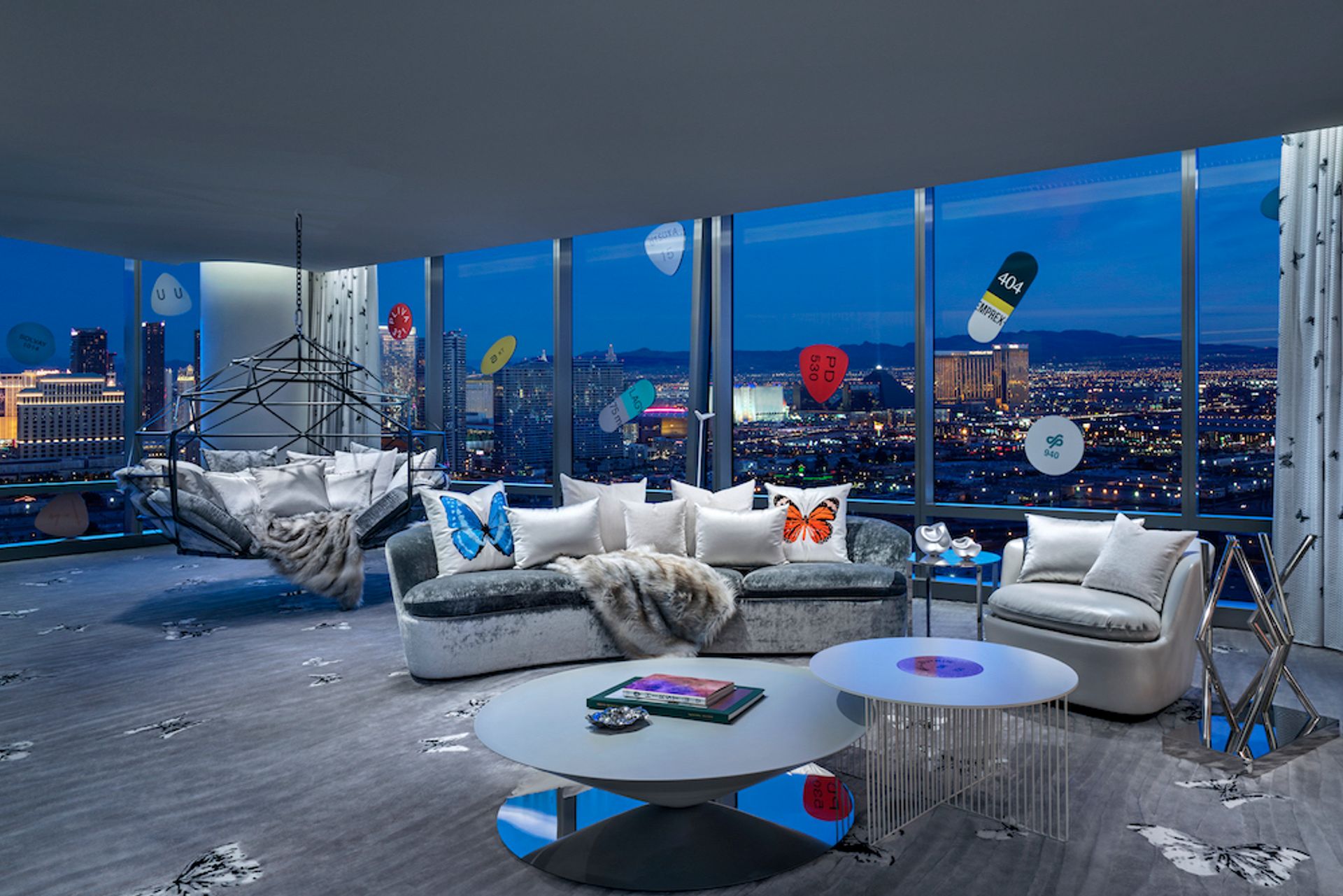 The living room in Damien Hirst's Empathy Suite courtesy  Palms Casino Resort, Las Vegas