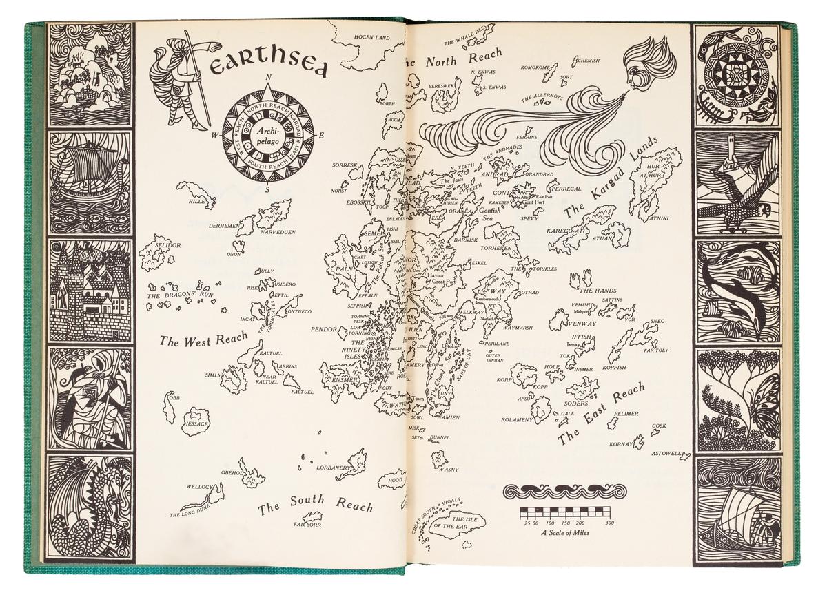 A map showing the islands of the fictional world of Earthsea, from Ursula K. Le Guin’s A Wizard of Earthsea (1968)
© Ursula K. Le Guin/Ruth Robbins/Parnassus Press (1968). CC BY-NC-ND. Image courtesy of Ex Carta