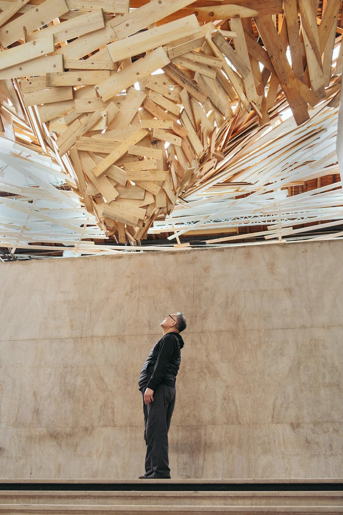 Tornado, at the Palais de Tokyo, featured 5,000 individual pieces of wood installed above the grand staircase Victoria Paterno