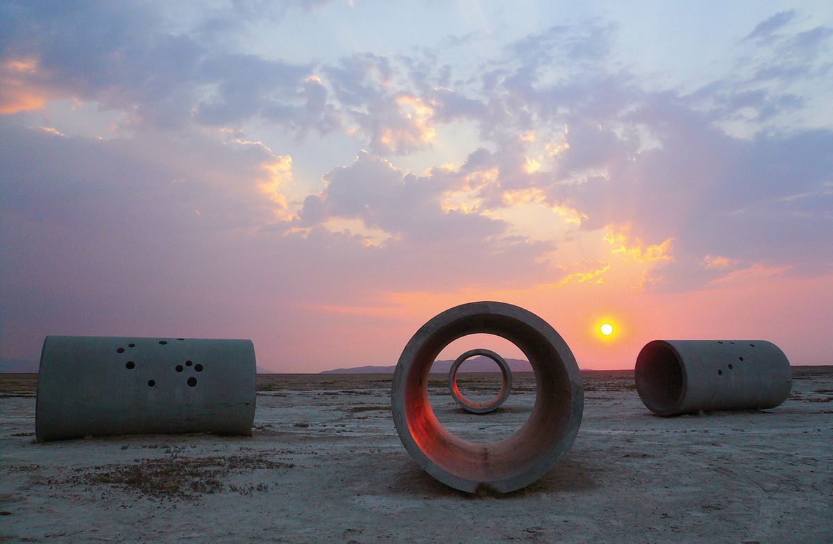 Sun Tunnels (1973-76) in the Great Basin Desert, Utah, by Nancy Holt. Holt’s work has often been overshadowed by that of her husband, fellow land art practitioner Robert Smithson Collection Dia Art Foundation with support from Holt/Smithson Foundation © 2023 Holt/Smithson Foundation and Dia Art Foundation/Licensed by Artists Rights Society, New York