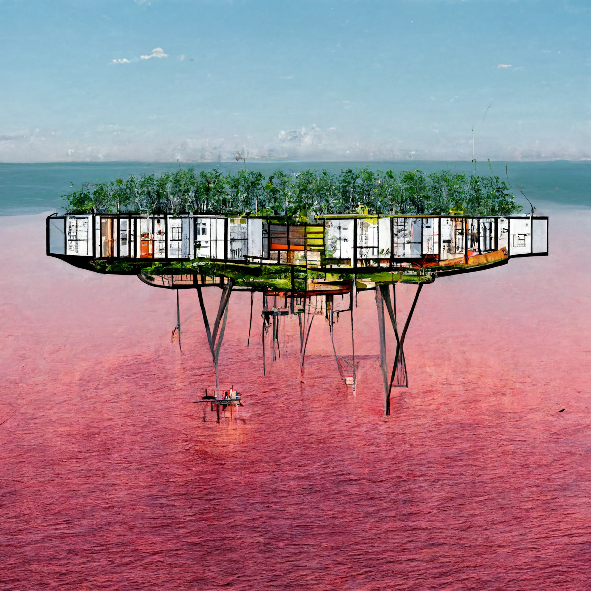 Prompt: “a Stiltsville-type neighborhood of many homes, a small farm, and a playground.”Text by Mary Johnson, image by Midjourney. Courtesy the artist.