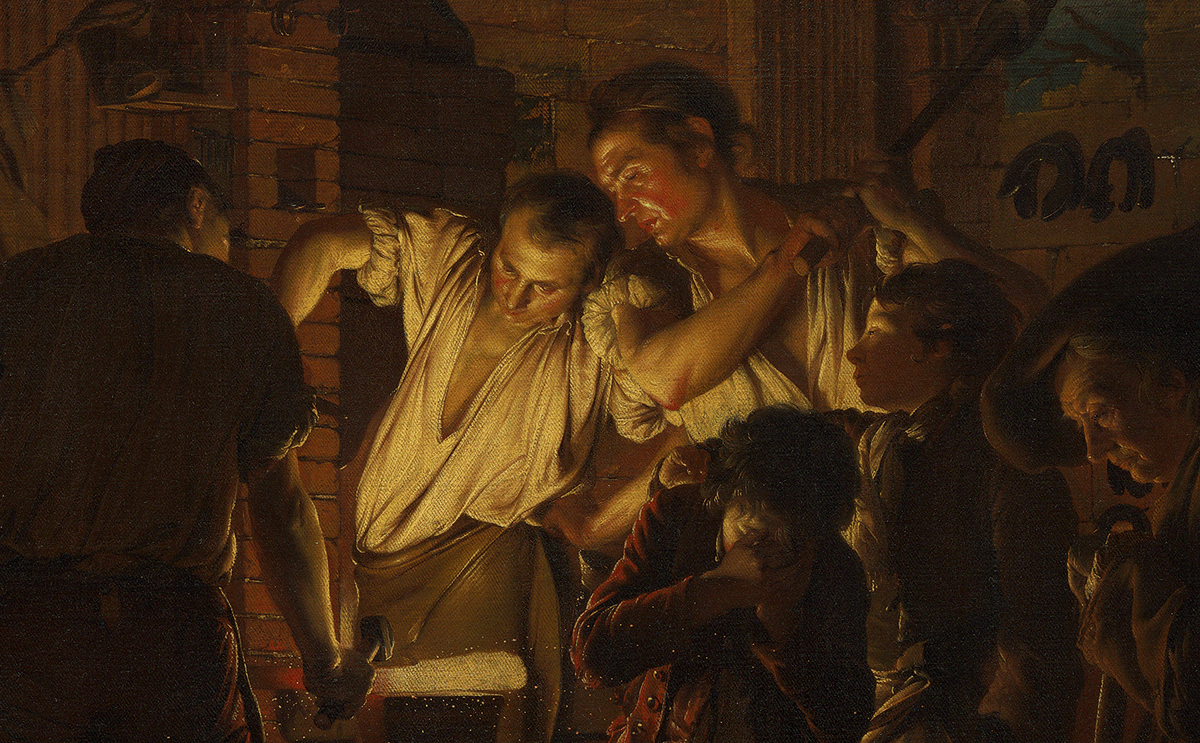 What to do with the shadows? Detail of Joseph Wright of Derby’s The Blacksmith’s Shop (1771); the author checked a dozen proofs of the painting before being satisfied with the colour reproduction in The Invention of British Art
Yale Center for British Art, Paul Mellon Collection